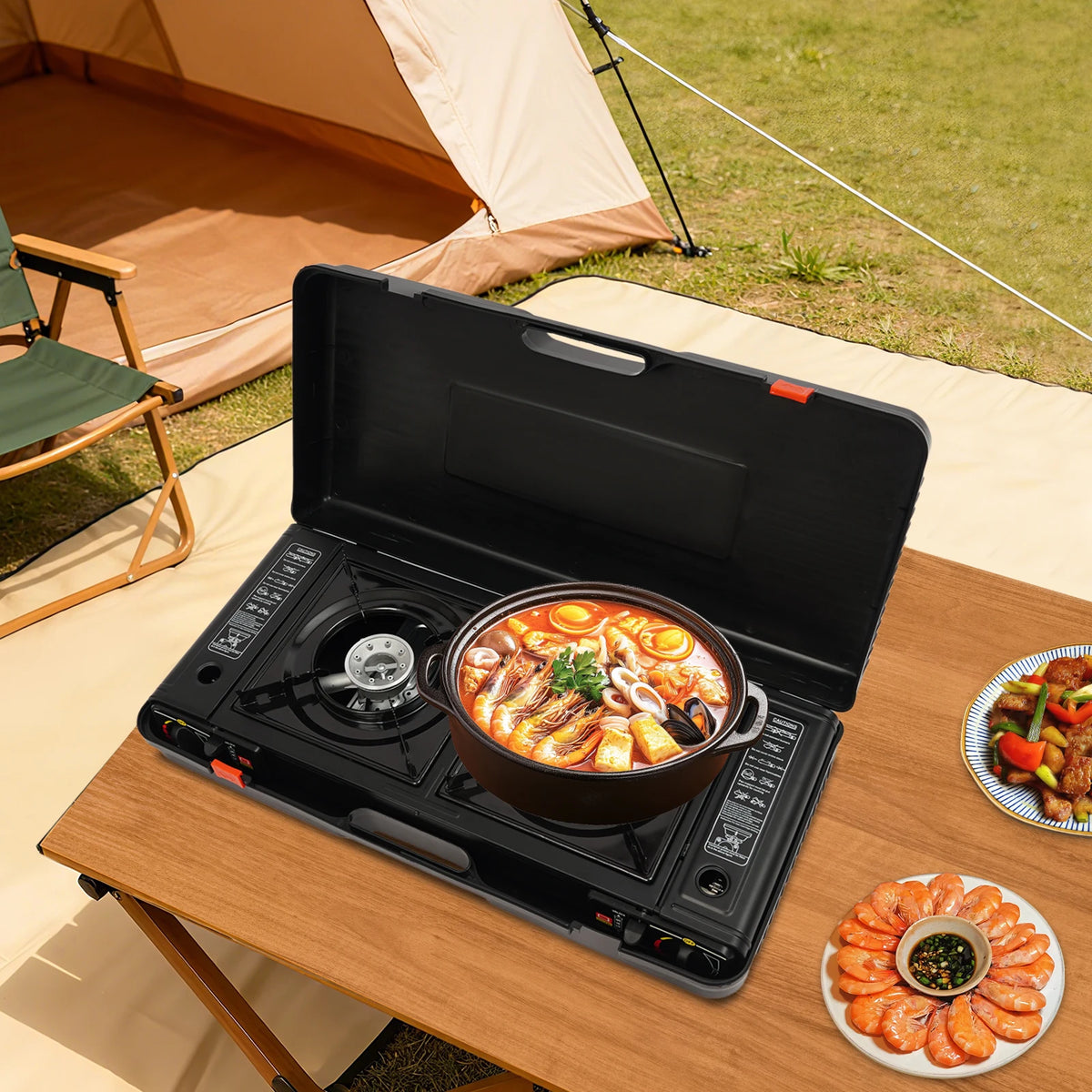 Portable Camping Stove With Dual Burners And Auto Ignition