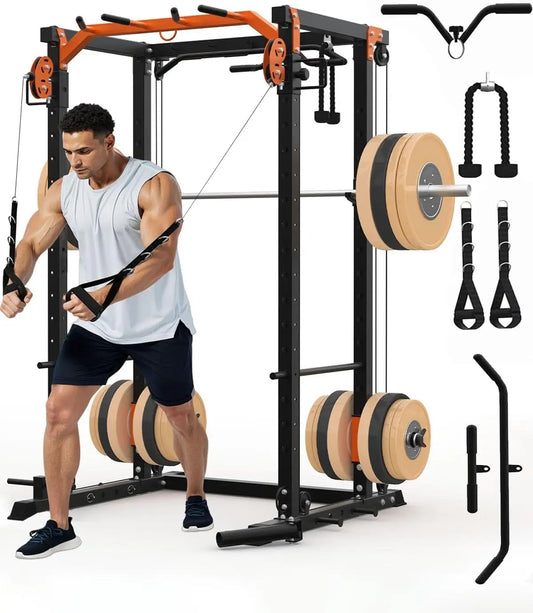 TACLEEKII Power Rack With Cable Crossover And Lat Pulldown System