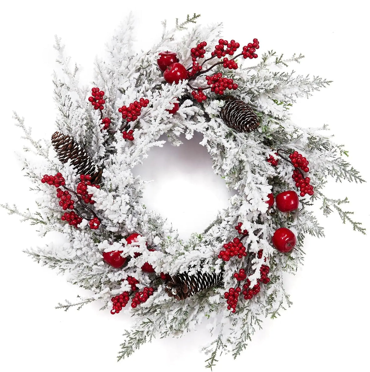 Snow Flocked Christmas Wreath With Red Berries And Pinecones