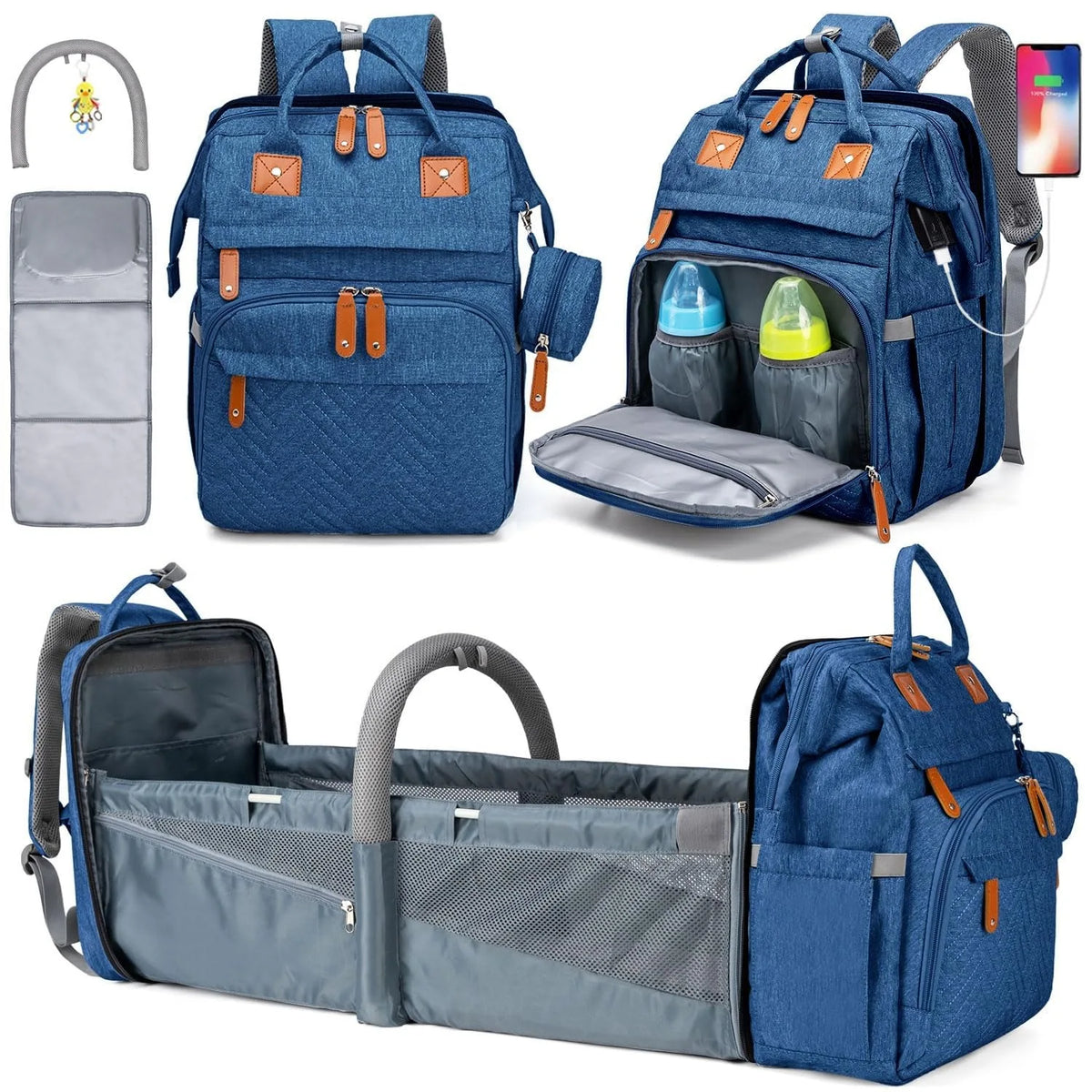 Diaper Backpack With Foldable Changing Bed And Insulated Bottle Pocket