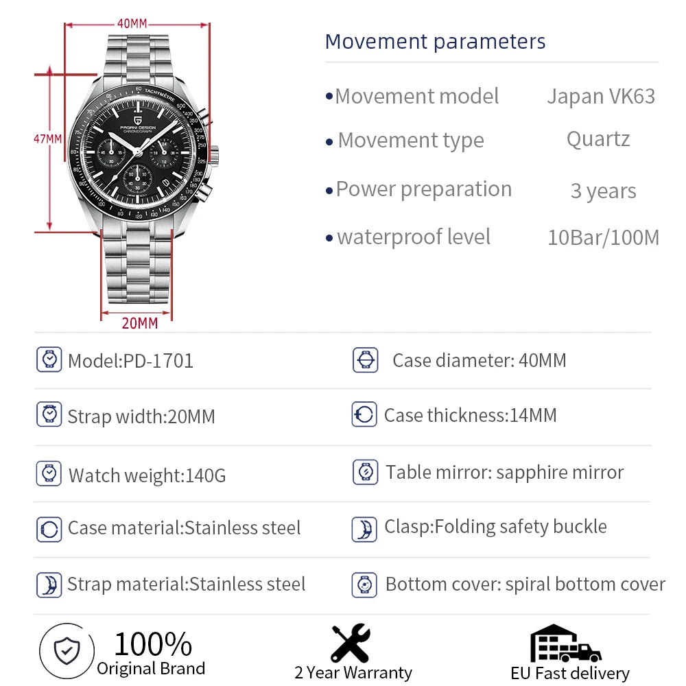 PAGANI DESIGN Men's Quartz Chronograph Sport Watch With Sapphire Glass