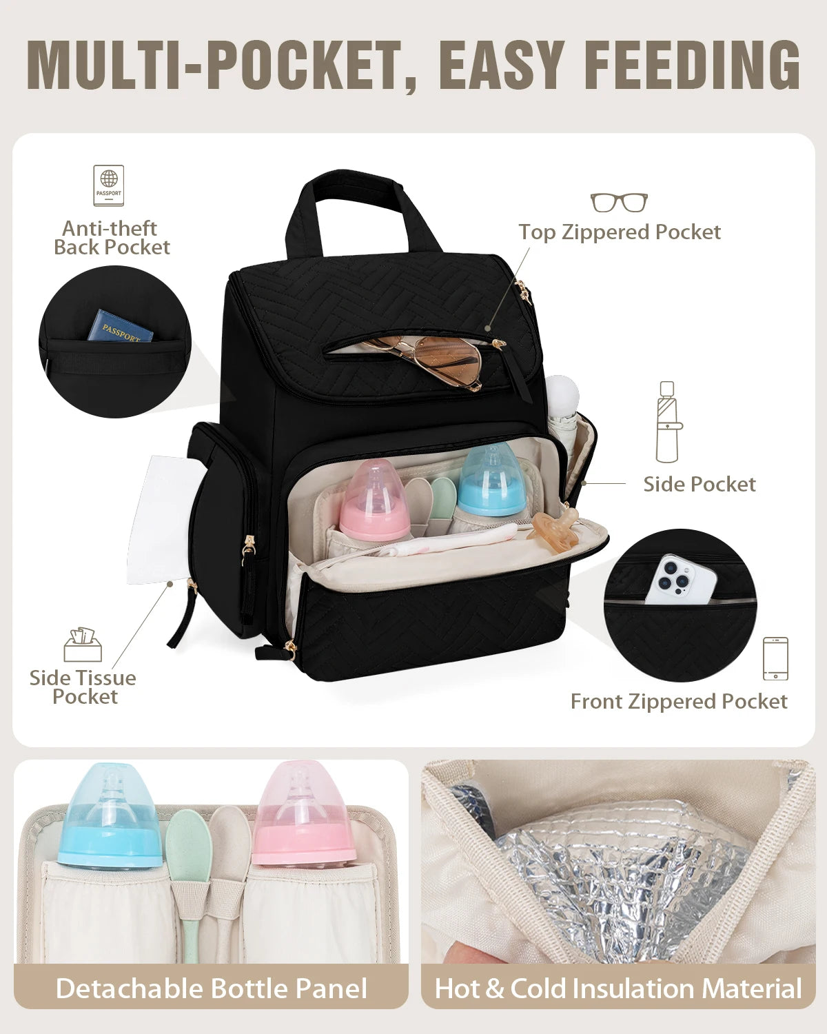 Kabaqoo Waterproof Diaper Backpack With Changing Pad And Organizer Pouches