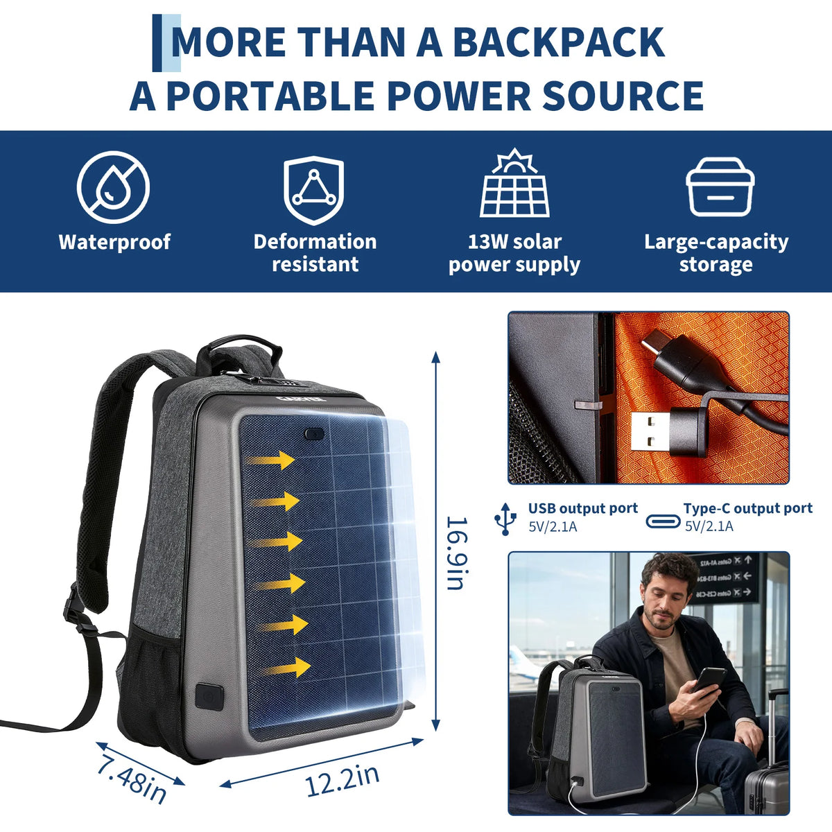 Solar Powered Waterproof Hard Shell Laptop Backpack With USB Charging