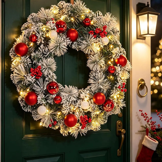 Prelit Artificial Christmas Wreath With Warm Lights And Red Berries