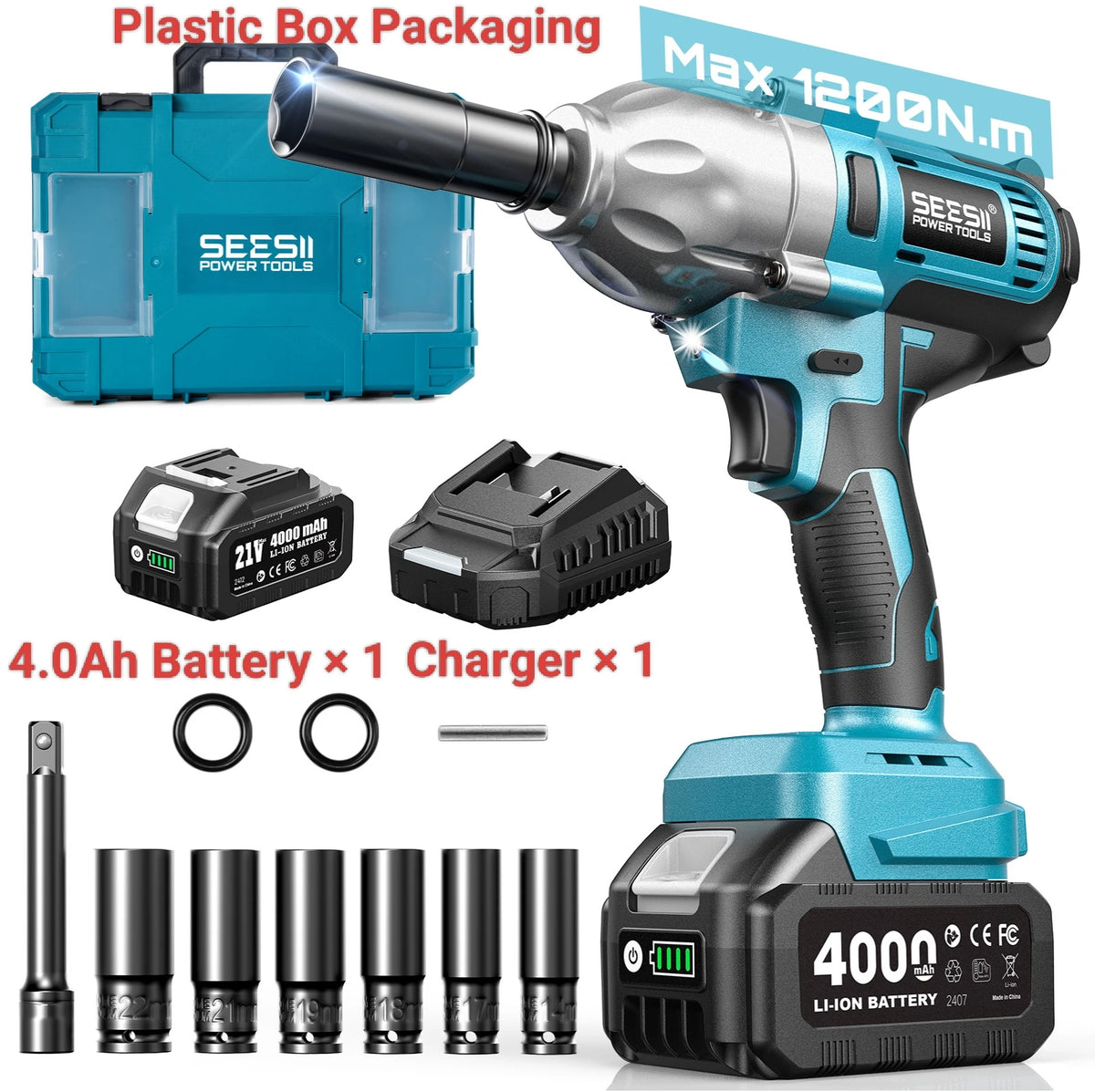 Seesii Brushless Cordless Impact Wrench With LED Light Kit