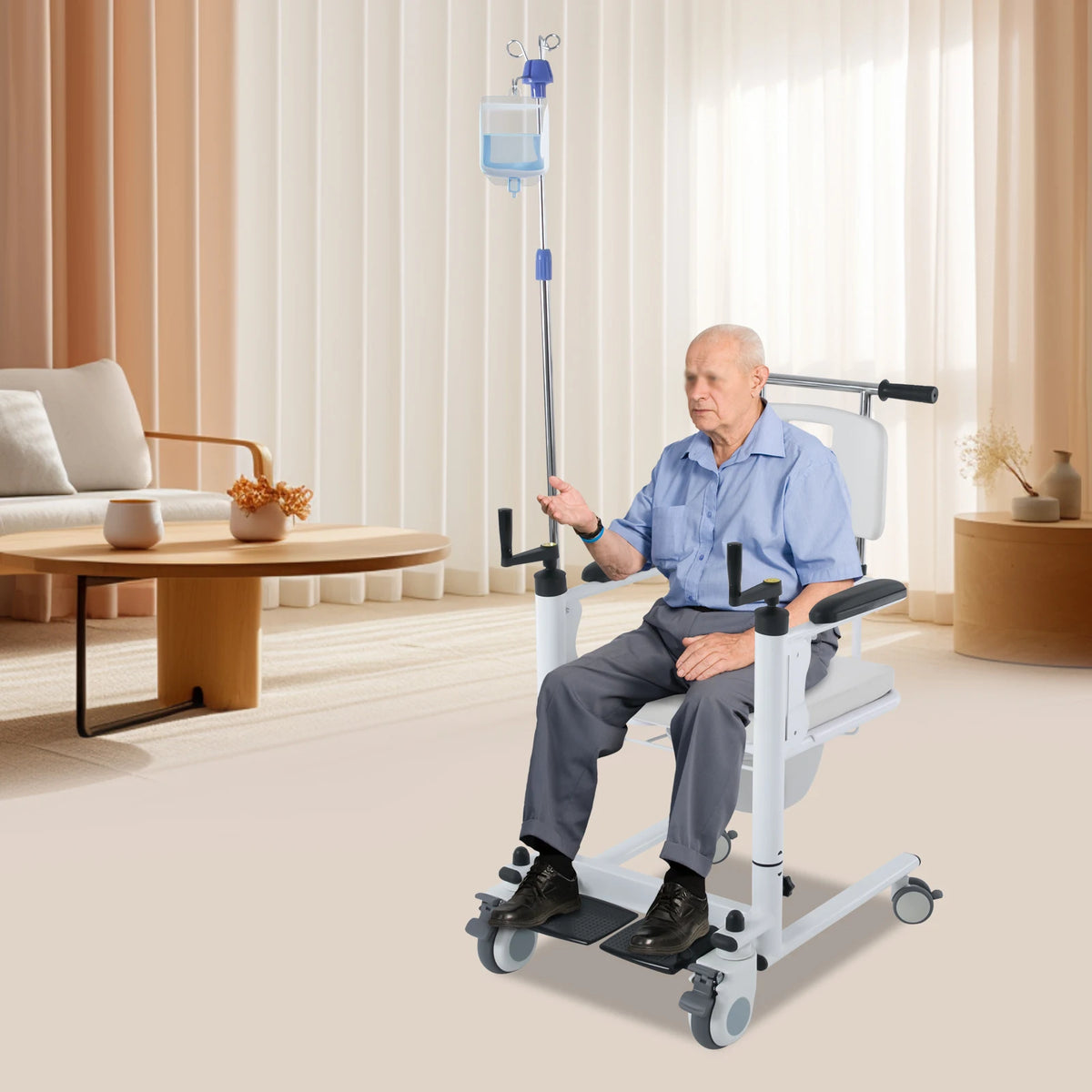 Multifunctional Height Adjustable Patient Transfer Chair with Commode Support