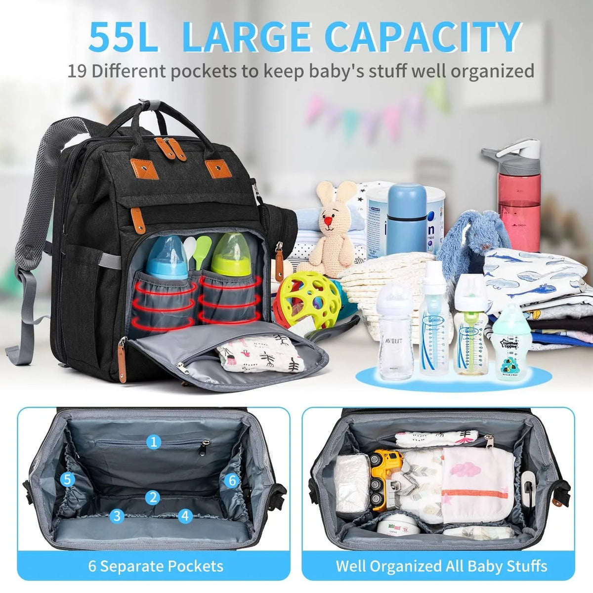 Diaper Backpack With Foldable Changing Bed And Insulated Bottle Pocket