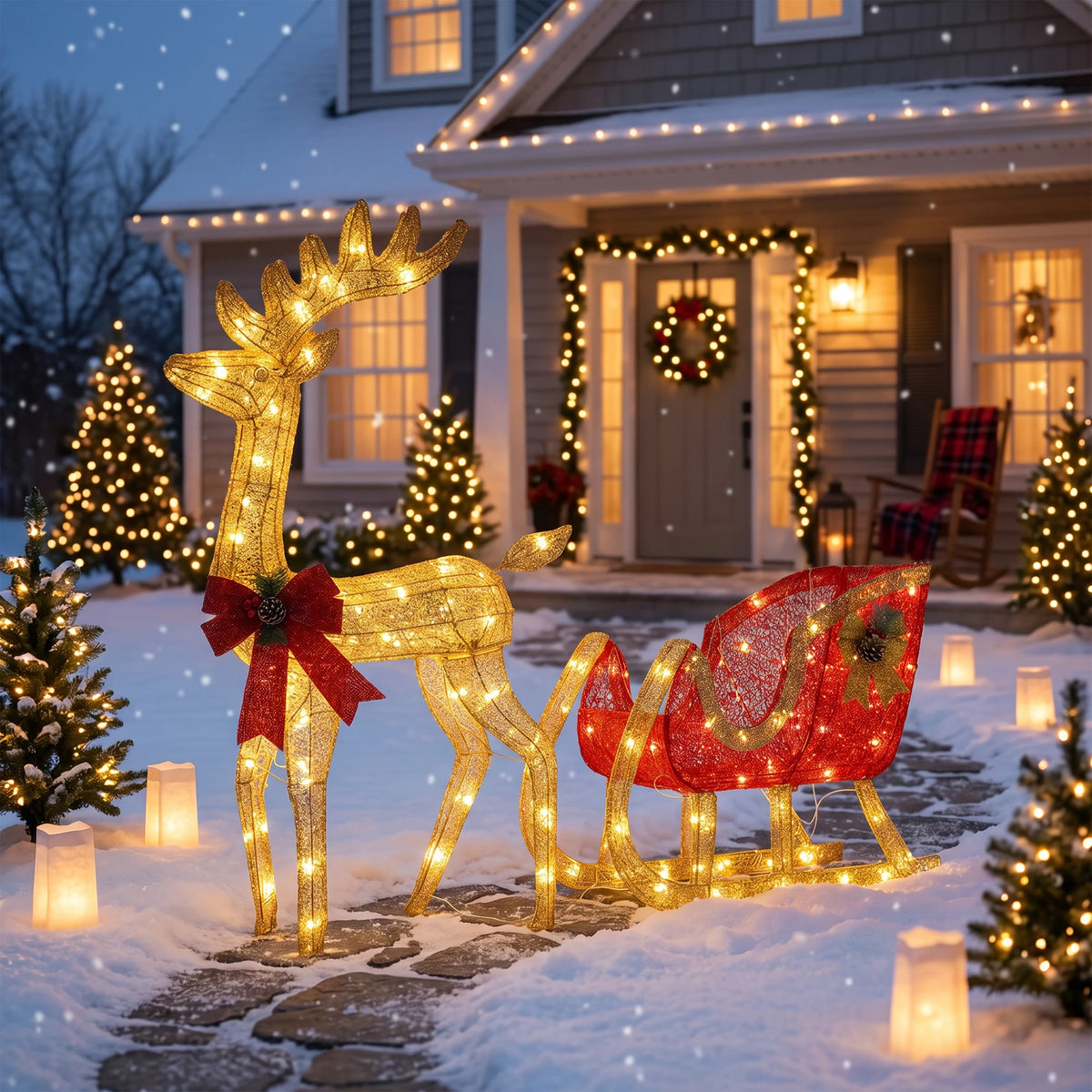 Lighted Christmas Reindeer And Sleigh Outdoor Holiday Decoration