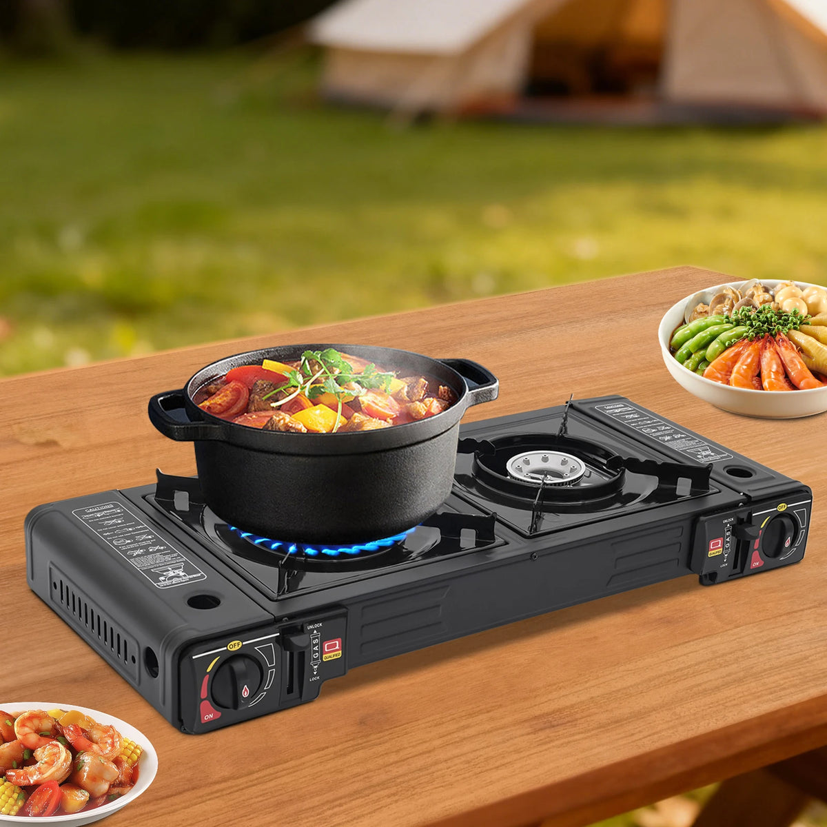Portable Camping Stove With Dual Burners And Auto Ignition