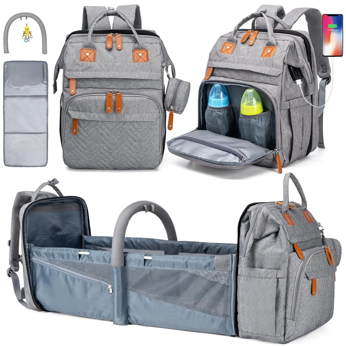 Diaper Backpack With Foldable Changing Bed And Insulated Bottle Pocket