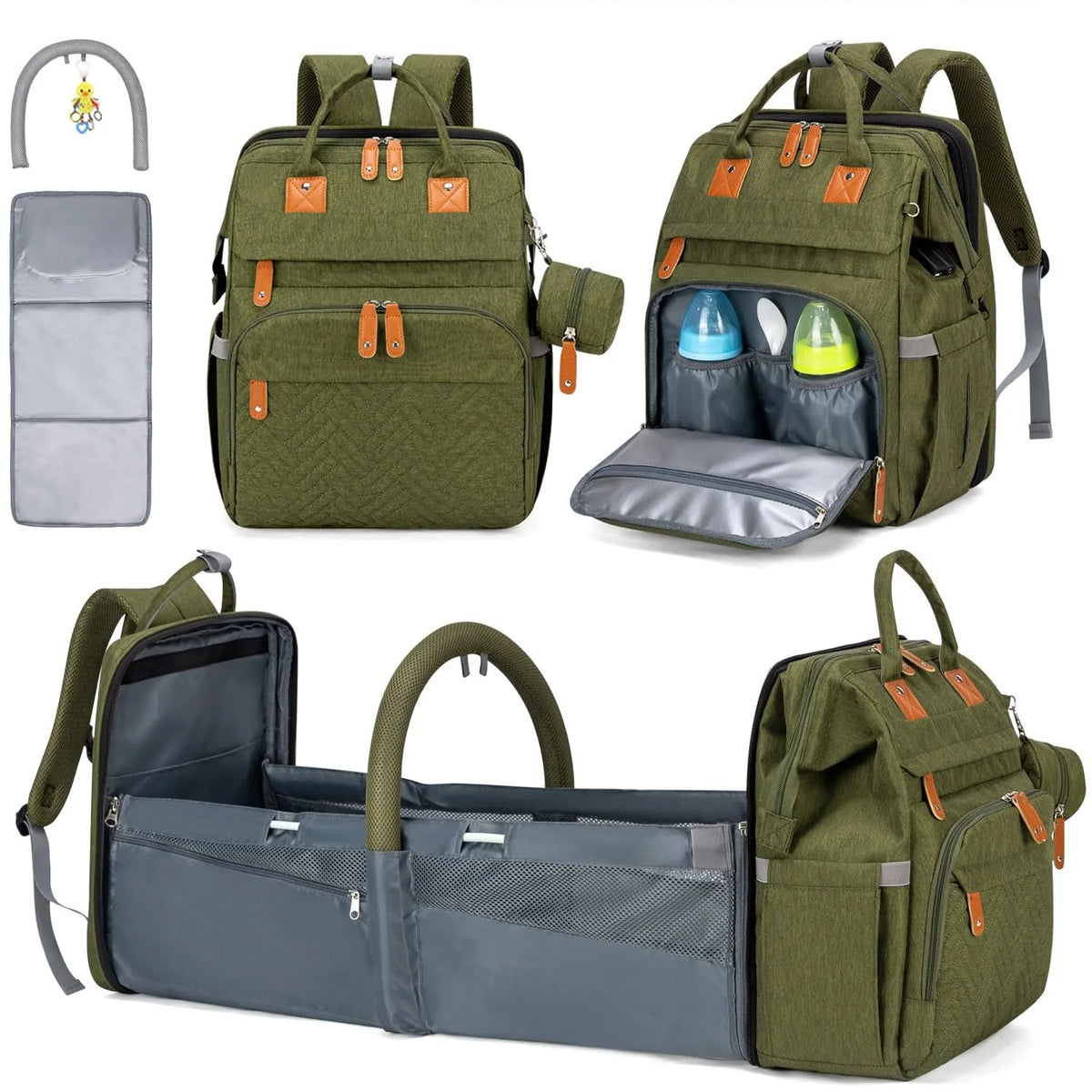 Diaper Backpack With Foldable Changing Bed And Insulated Bottle Pocket