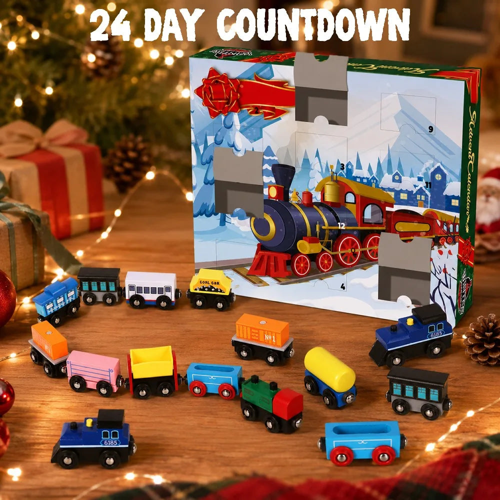 Joyfy Wooden Train Advent Calendar With Magnetic Cars Christmas Gift