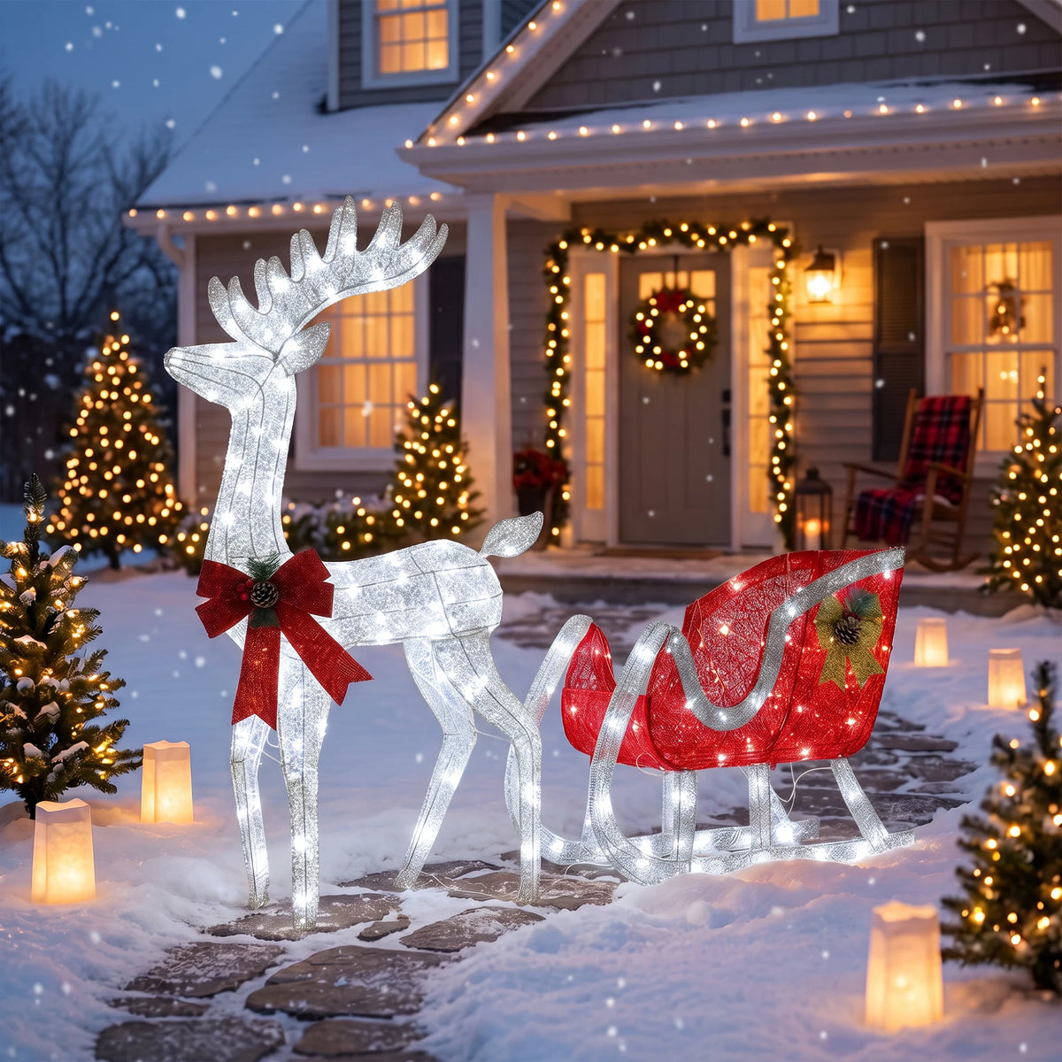 Lighted Christmas Reindeer And Sleigh Outdoor Holiday Decoration