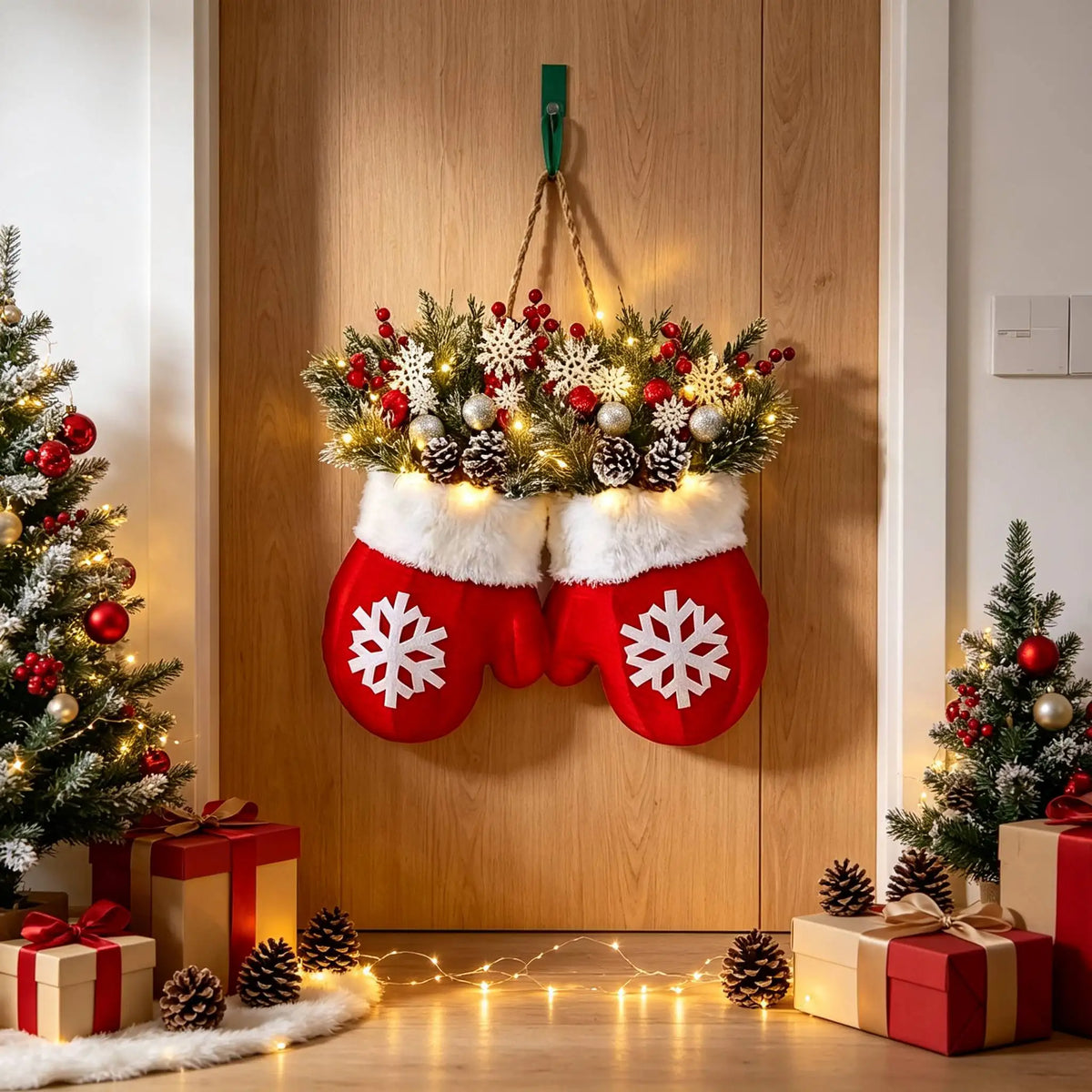 Christmas Mitten Wreath With Red Berries And Pine Branches