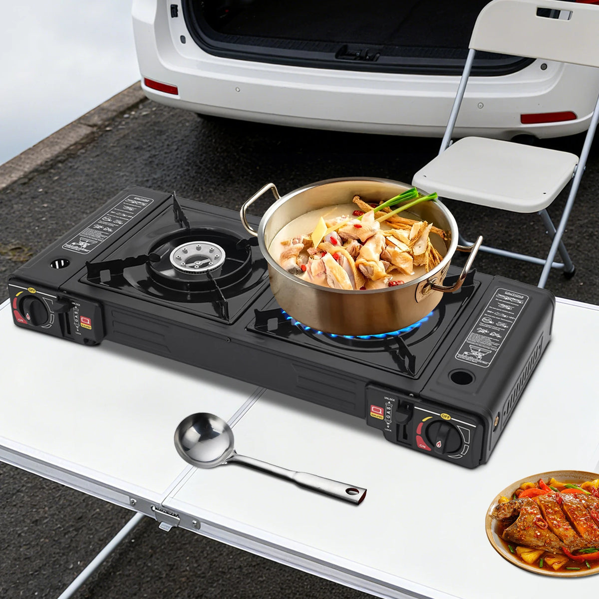 Portable Camping Stove With Dual Burners And Auto Ignition