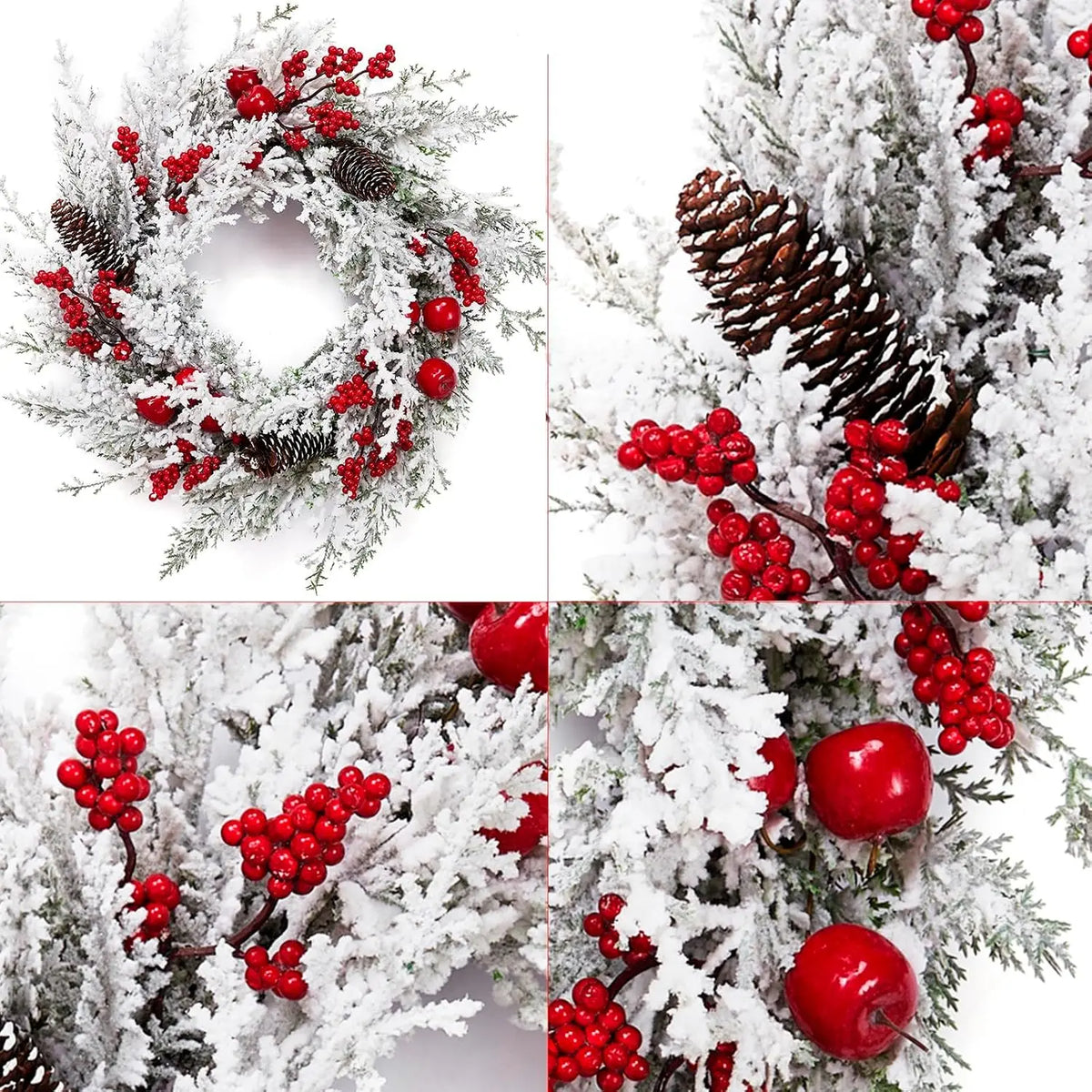 Snow Flocked Christmas Wreath With Red Berries And Pinecones