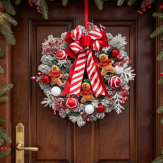 GAOMON Pre Lit Christmas Wreath With Gingerbread Ribbon Lights