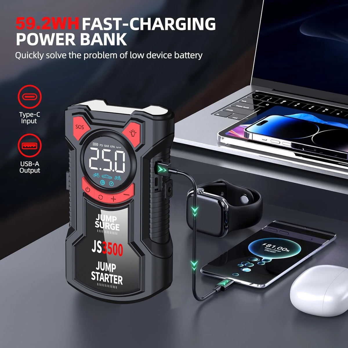 PAIVIROKU Multifunctional Air Pump Jump Starter With Digital Inflator